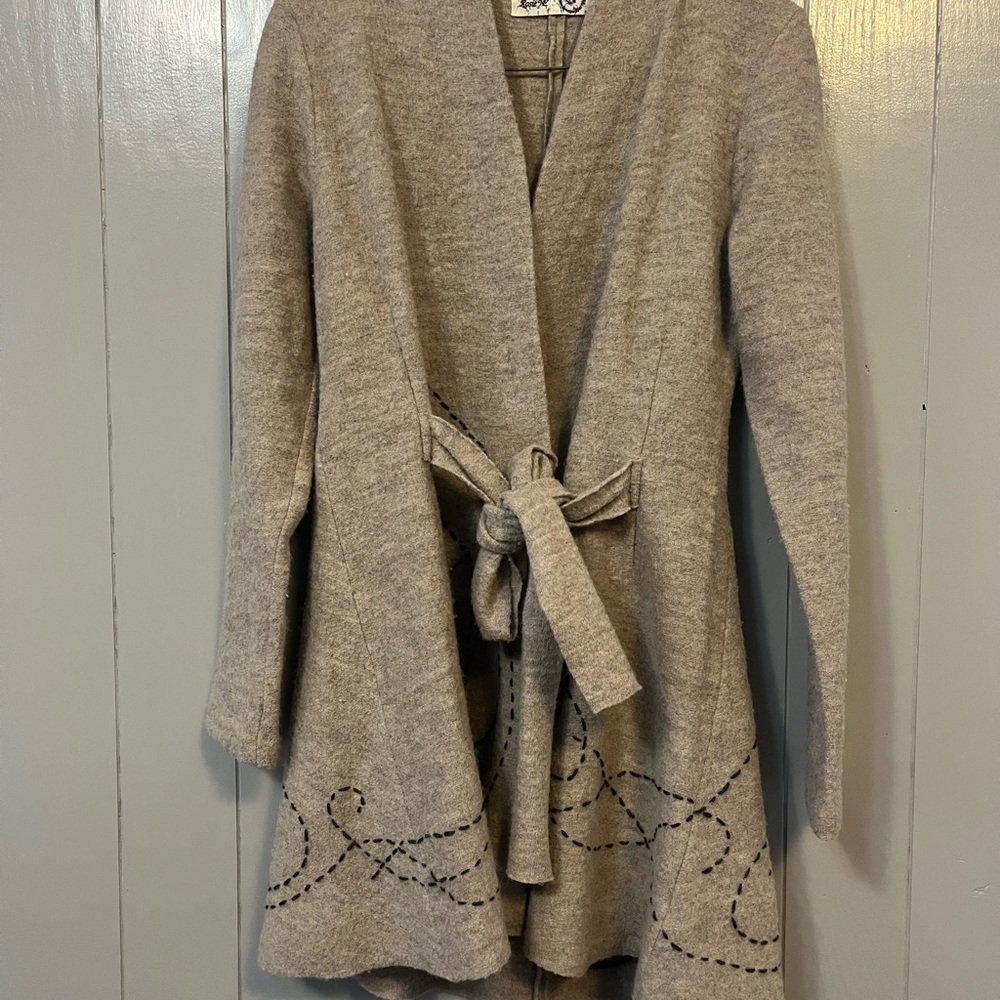 Anthropologie Rosie Neira Embroidered Appliqué 100% Wool Cardigan Coat XS Rare
